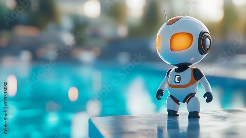 Wallpaper Mural Futuristic Robotic Lifeguard at Modern Swimming Pool Close-Up with Bokeh Effect - 3D Render High-Resolution Shot Torontodigital.ca