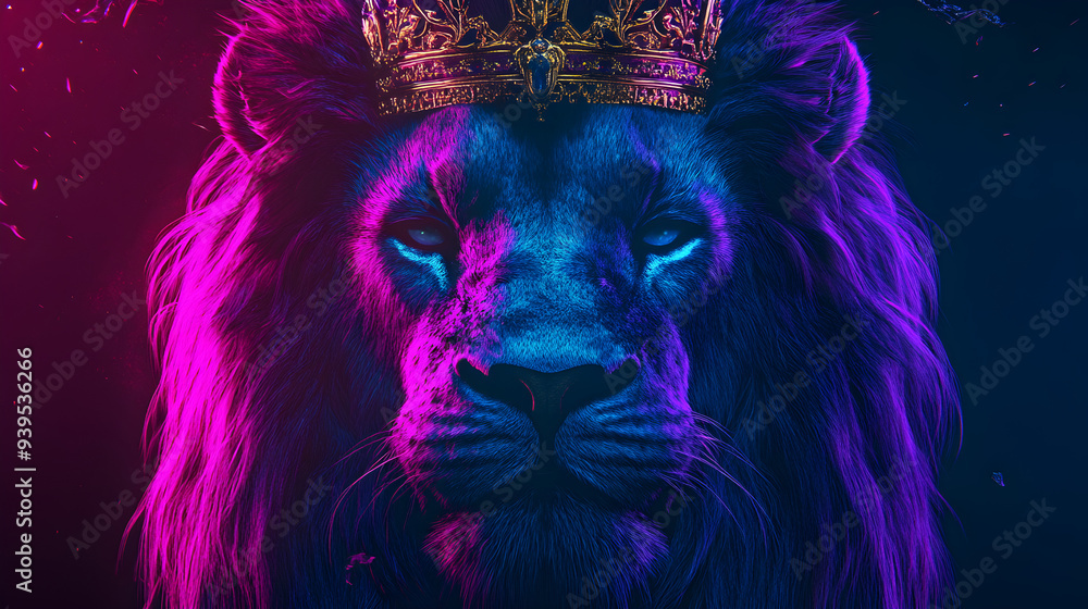 Lion's head with a purple and blue face and a crown falling Lion's head with a purple and blue face and a crown falling