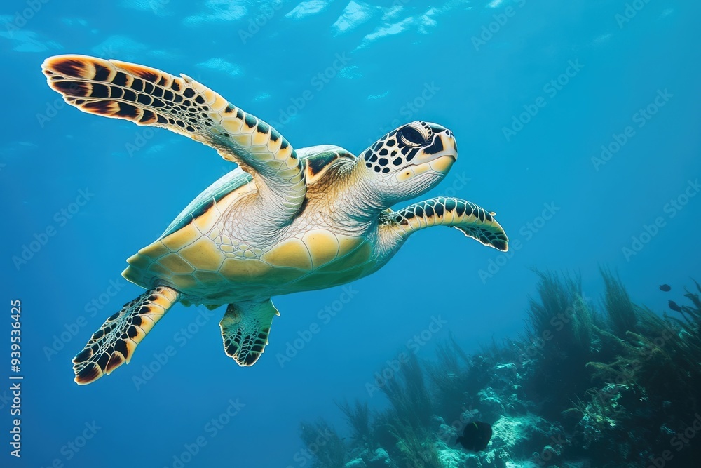 Obraz premium Florida Sea Turtle. Underwater Adventure in Florida Keys with Hawksbill Turtle and Colorful Reef