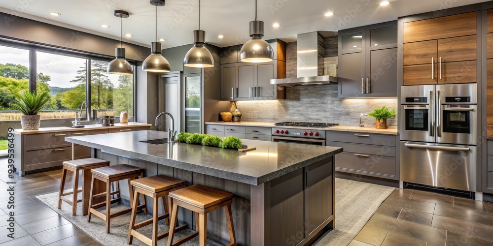 Designer kitchen with basalt countertops, backsplash, and island, designer kitchen, basalt, countertops, backsplash, island, modern Designer kitchen with basalt countertops, backsplash, and island, designer kitchen, basalt, countertops, backsplash, island, modern