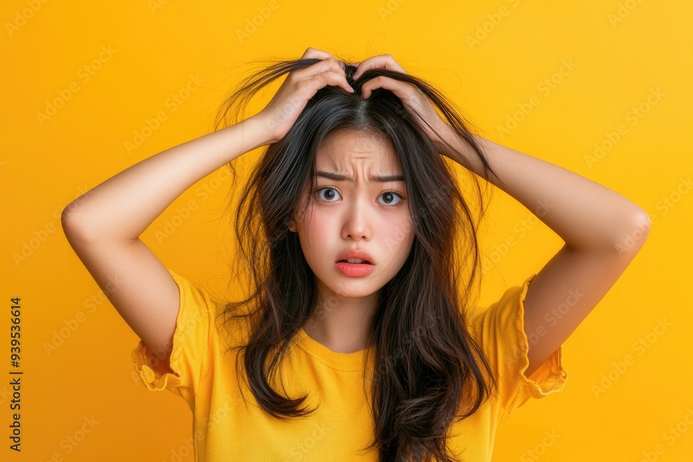 Frustrated Asian Woman: Young Girl with Hand in Hair against Isolated Background Frustrated Asian Woman: Young Girl with Hand in Hair against Isolated Background