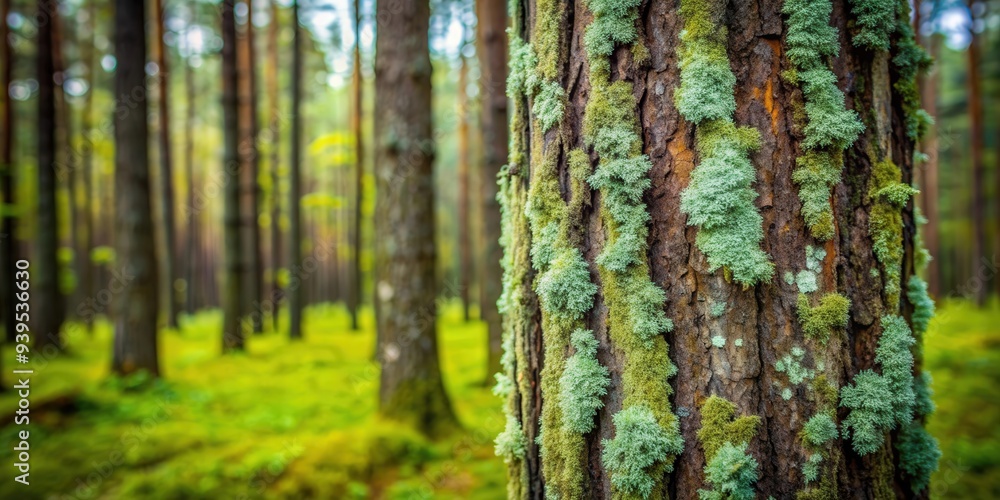 Obraz premium Tree trunk covered with lichen in a dense forest, nature, environment, outdoors, woodland, natural, texture, close-up, tree bark