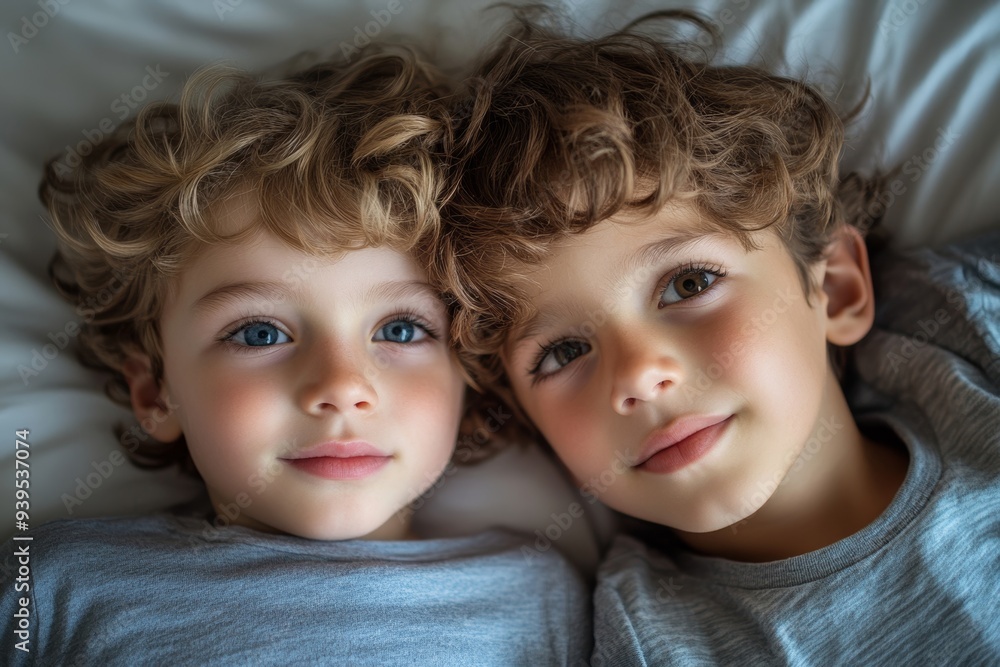 Close-up portrait of siblings looking at each other and lying on bed. Boy loves his disabled younger brother, Generative AI Close-up portrait of siblings looking at each other and lying on bed. Boy loves his disabled younger brother, Generative AI