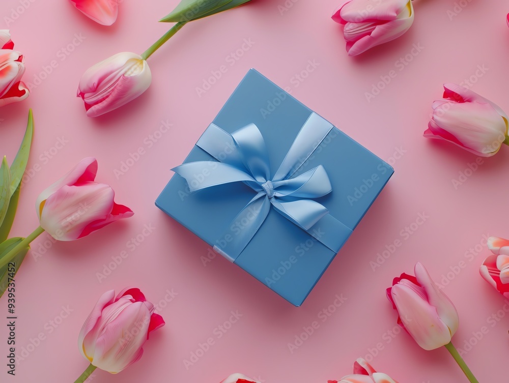 Blue gift box with ribbon and pink tulips on a pastel pink background, soft daylight, topdown view Blue gift box with ribbon and pink tulips on a pastel pink background, soft daylight, topdown view