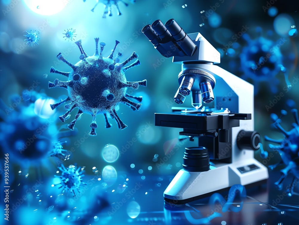 Microscope focusing on viruses, blue lighting, scientific setting, macro shot Microscope focusing on viruses, blue lighting, scientific setting, macro shot