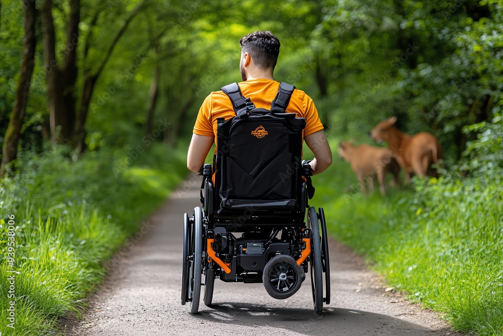 A powered wheelchair user exploring a wildlife reserve, with animals in the background A powered wheelchair user exploring a wildlife reserve, with animals in the background