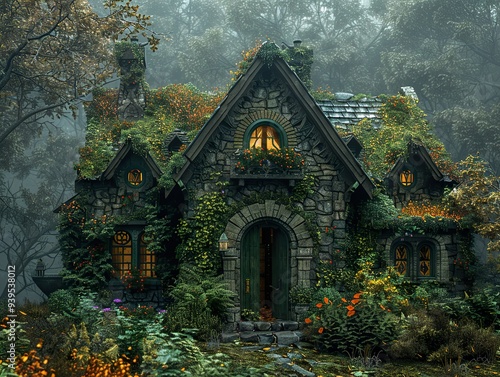 Enchanted Stone Cottage in a Foggy Forest - Fantasy Landscape photo