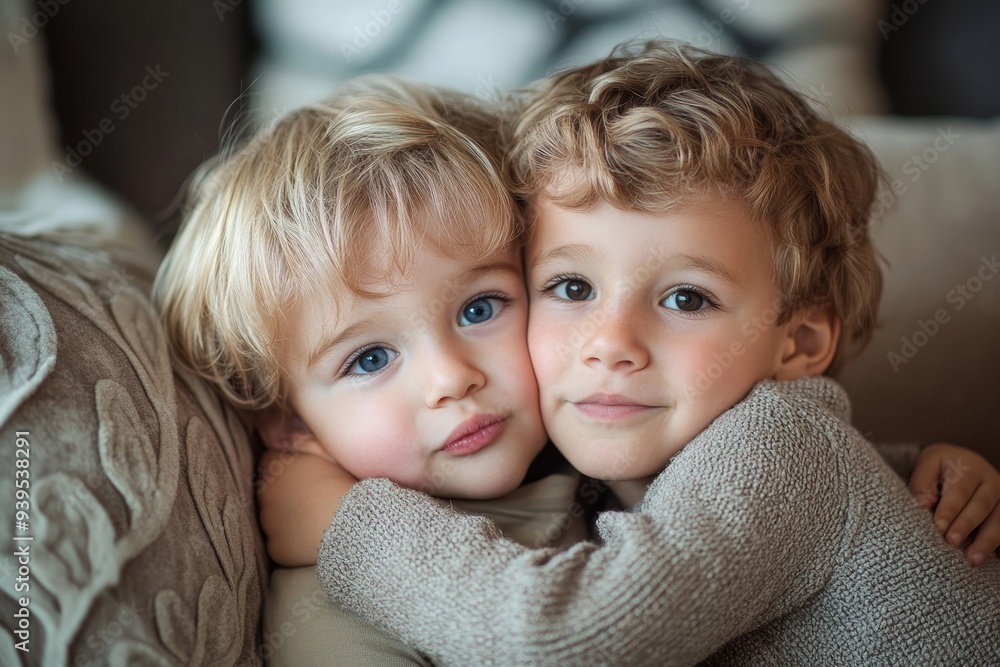 Portrait of boy kissing his younger brother, Generative AI Portrait of boy kissing his younger brother, Generative AI