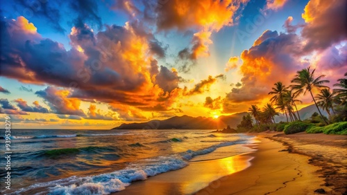 Vibrant sunset over the North Shore of Oahu, Hawaii, Sunset, North Shore, Oahu, Hawaii, Tropical, Beach, Scenic
