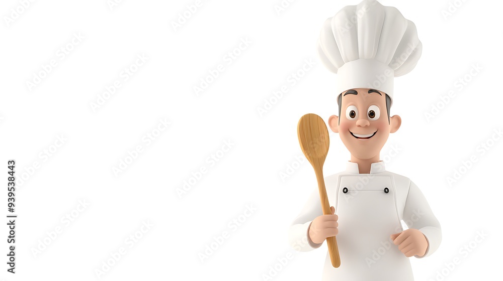 Cheerful Chef Character in 3D Cartoon Style with Wooden Spoon on White Background Cheerful Chef Character in 3D Cartoon Style with Wooden Spoon on White Background