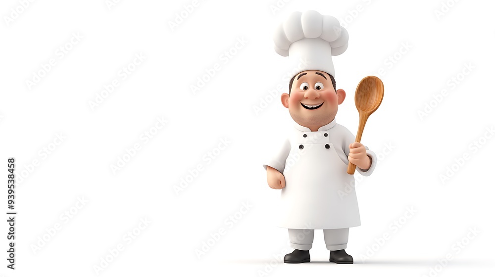 Cheerful Cartoon Chef with White Apron, Tall Hat, and Wooden Spoon in 3D Rendering on White Background Cheerful Cartoon Chef with White Apron, Tall Hat, and Wooden Spoon in 3D Rendering on White Background