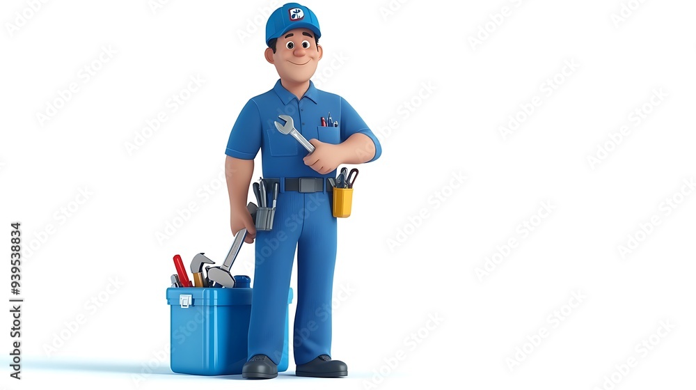 Smiling Plumber in Blue Uniform with Pipe Wrench and Toolbox in Cartoon Style 3D Render on White Background Smiling Plumber in Blue Uniform with Pipe Wrench and Toolbox in Cartoon Style 3D Render on White Background