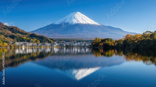 The breathtaking view of Mount Fuji reflected in the serene waters of Lake Kawaguchi, Japan