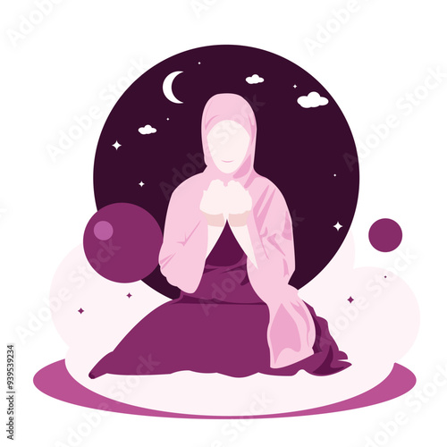 Cute muslimah pink hijab girl praying seriuously front view at night modern noface design style vector illustration