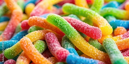 Close up background of sour candy gummy worms covered in granulated sugar, sour, candy, gummy worms, close up, background
