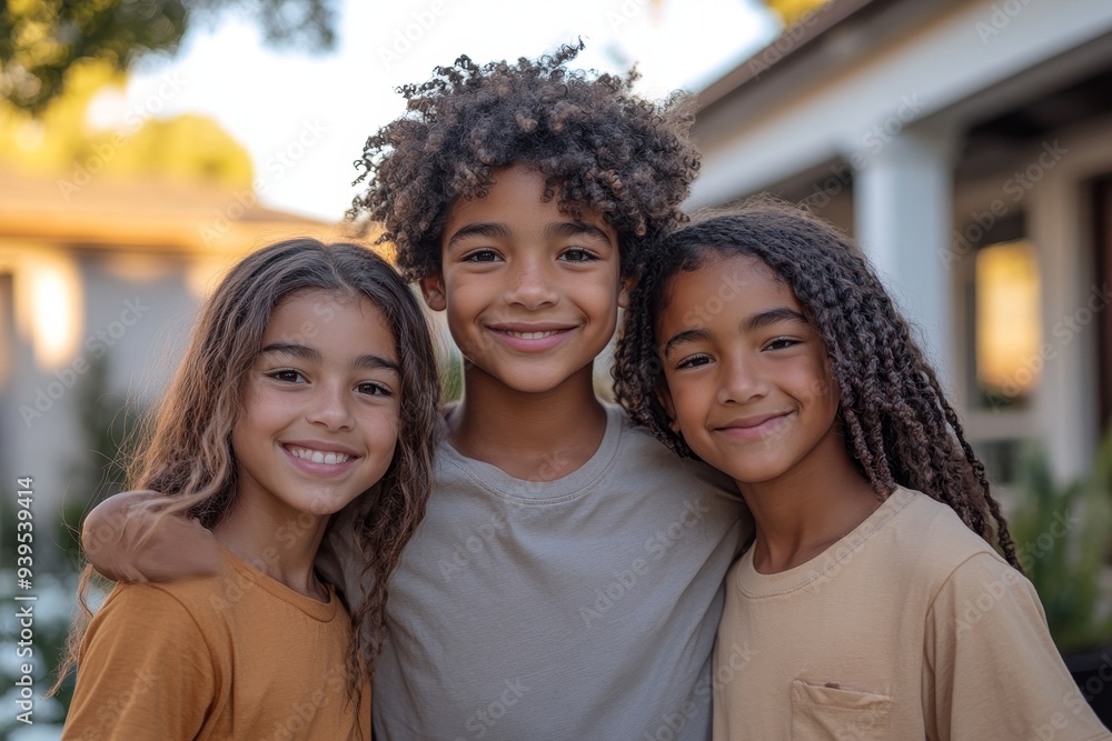 Three siblings standing outside their home hugging and embracing for a picture, Generative AI Three siblings standing outside their home hugging and embracing for a picture, Generative AI