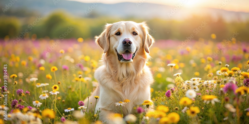 Beautiful golden retriever dog sitting in a field of flowers, golden retriever, beauty, dog, pet, adorable, cute, animal, nature Beautiful golden retriever dog sitting in a field of flowers, golden retriever, beauty, dog, pet, adorable, cute, animal, nature