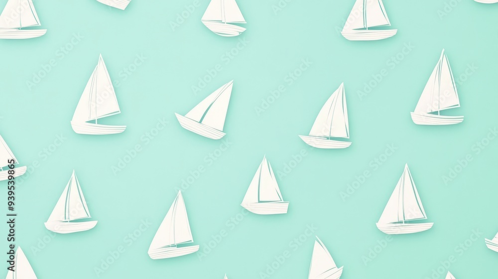 A pattern of white sailboats on a mint green background. A pattern of white sailboats on a mint green background.