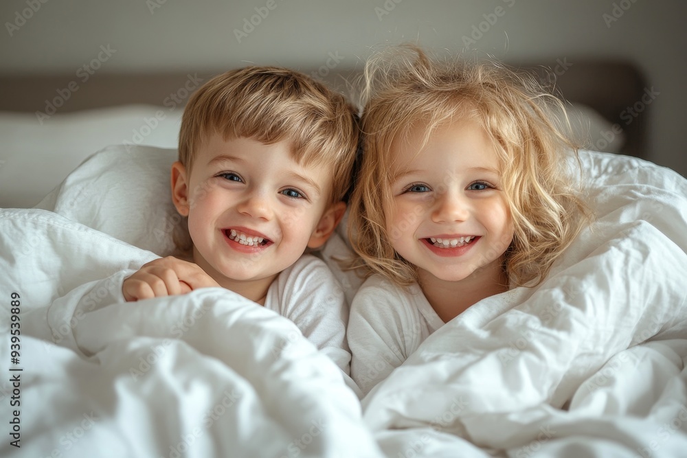 happy little kids having fun in bed at home, Generative AI happy little kids having fun in bed at home, Generative AI