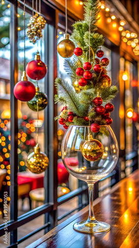 Christmas decorations on glass in restaurant