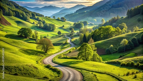 Scenic road winding through lush green country valley, road, winding, country, valley, scenic, nature, landscape