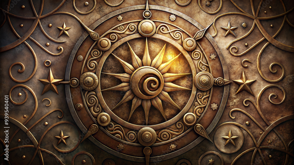 Illustration of Symbols of the Sun, Moon, and Stars Surrounded by Beautiful Metal Elements on Stone in Natural Earthy Colors Illustration of Symbols of the Sun, Moon, and Stars Surrounded by Beautiful Metal Elements on Stone in Natural Earthy Colors