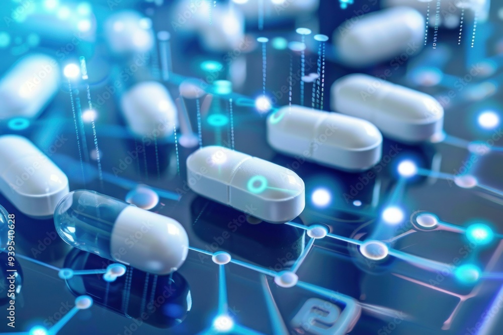 custom made wallpaper toronto digitalWhite pills laid out on a network of connections representing medical technology and pharmaceutical research