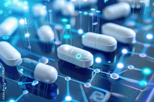 White pills laid out on a network of connections representing medical technology and pharmaceutical research