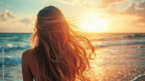 Back Of Head Woman Wind. Portrait of a Young Woman with Long Hair Enjoying Sunshine by the Beach at Sunset