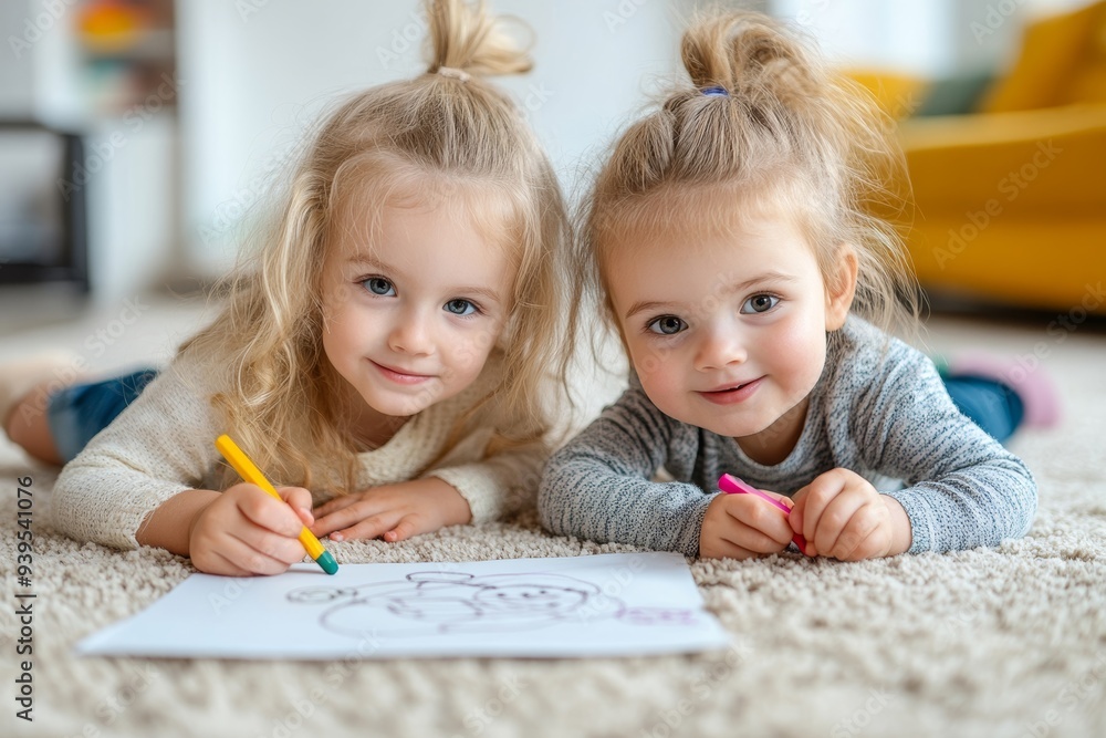 Little caucasian siblings drawing together on floor in living room at home. Happy girl eight years old and her baby sister painting with crayons. Art and crafts for toddler and, Generative AI Little caucasian siblings drawing together on floor in living room at home. Happy girl eight years old and her baby sister painting with crayons. Art and crafts for toddler and, Generative AI