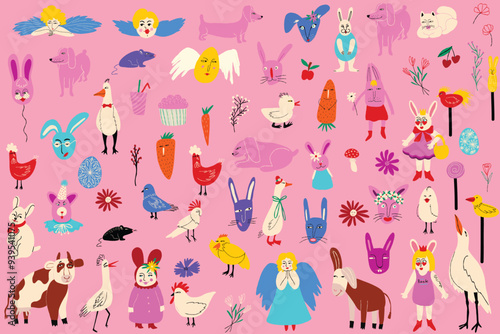 Vibrant cartoon comic Easter characters and farm animals. Funky bizarre characters in modern flat hand drawn style