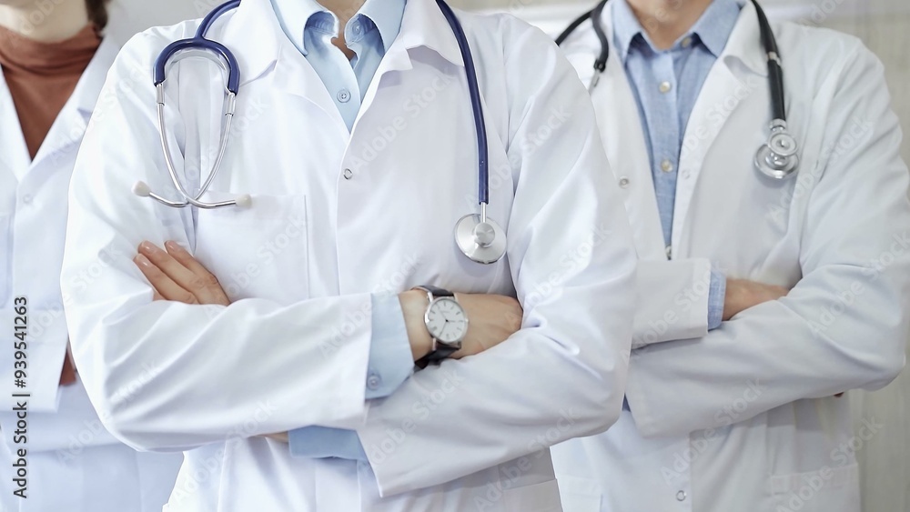 Group of doctors wearing white coats and stethoscopes standing with arms crossed. Medical team at work Group of doctors wearing white coats and stethoscopes standing with arms crossed. Medical team at work