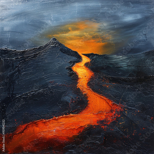 Abstract painting of a fiery lava flow against dark mountains under a glowing sky, with rich texture and vibrant colors.