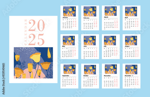 calendar 2025 mockup vector abstract flowers style