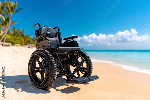 A powered wheelchair with specialized wheels for sandy terrain, placed on a sunny beach