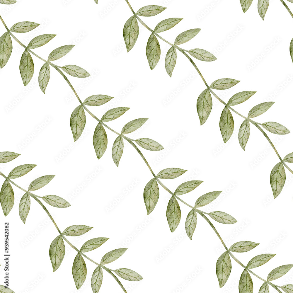 Watercolor seamless pattern of green leaves, branches. Illustrations are isolated on a transparent background. Rapport for design, printing on textile, fabric, packaging, clothes, cards, wallpaper Watercolor seamless pattern of green leaves, branches. Illustrations are isolated on a transparent background. Rapport for design, printing on textile, fabric, packaging, clothes, cards, wallpaper