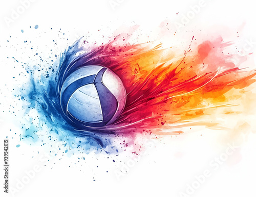 A dynamic graphic of a volleyball in motion, surrounded by vibrant splashes of red and blue paint, symbolizing energy and excitement. photo