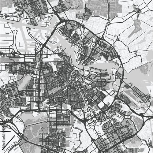 Map of Amsterdam in Netherlands in grayscale. Contains layered vector with roads water, parks, etc.