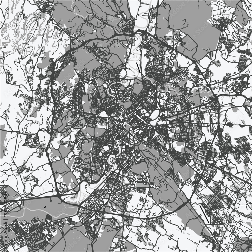 Fototapeta premium Map of Rome in Italy in grayscale. Contains layered vector with roads water, parks, etc.