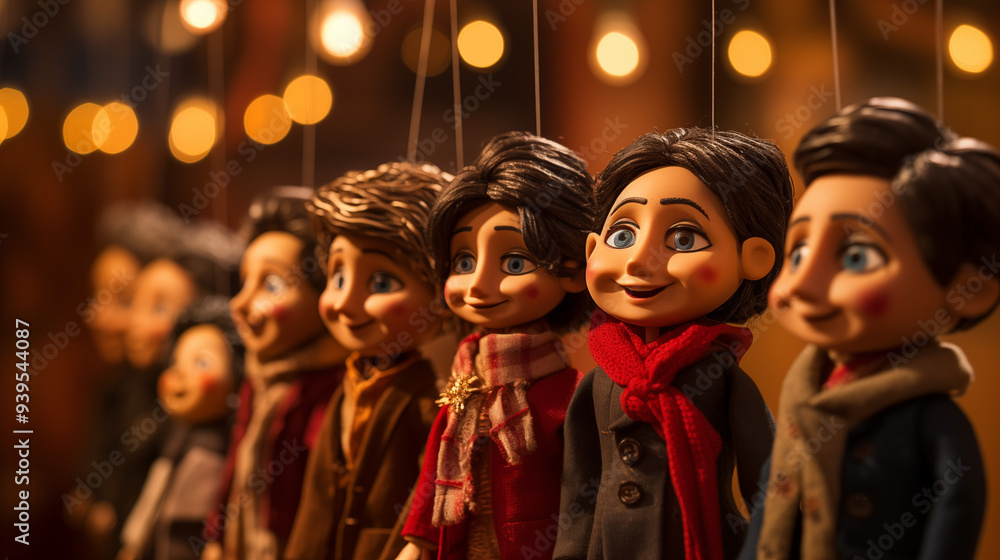 Fototapeta premium Handcrafted Marionette Puppets With Whimsical Expressions Hanging In Warmly Lit Market