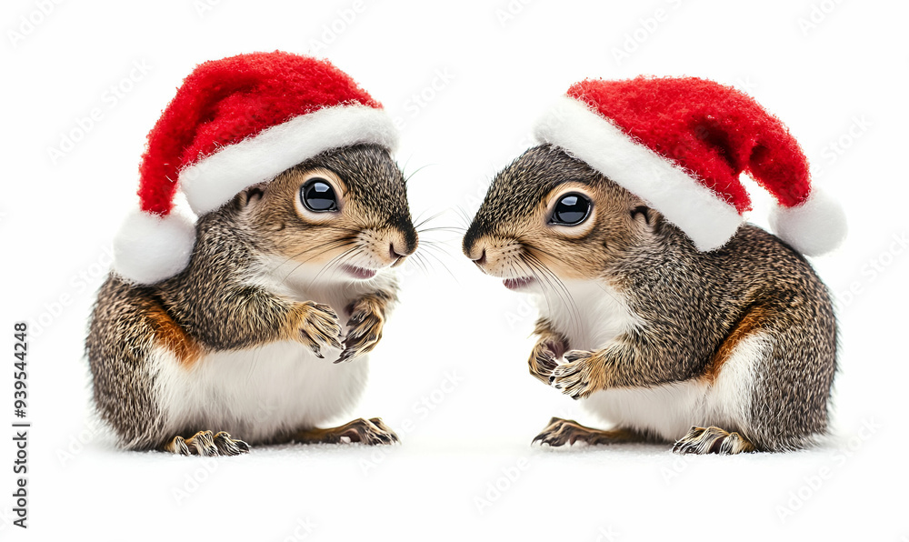 Playful squirrels wearing festive Santa hats, capturing the essence of holiday cheer and winter fun in a delightful scene. Playful squirrels wearing festive Santa hats, capturing the essence of holiday cheer and winter fun in a delightful scene.
