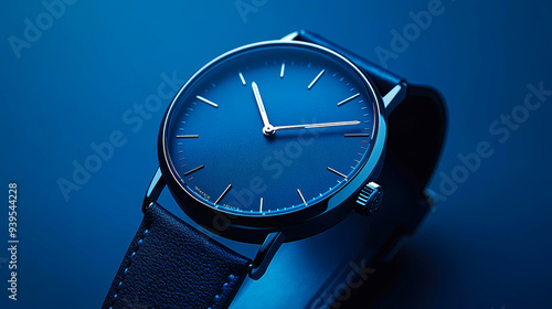 Wallpaper Mural A sleek, modern wristwatch with a blue face and silver markers is displayed in a stylish, minimalist setting, Useful for advertisements, websites, or articles on fashion, time management, or jewelry, Torontodigital.ca