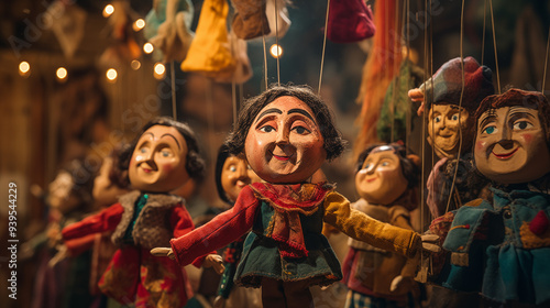 Vintage Wooden Marionette Puppets Displayed On Strings In A Cozy Ambient Market Scene