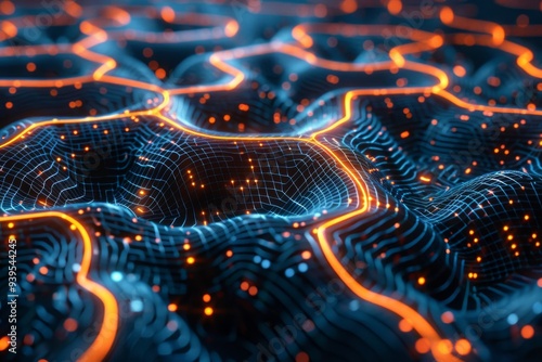 3D rendering of an AI brain with interconnected data nodes, deep learning algorithms as glowing lines, futuristic look