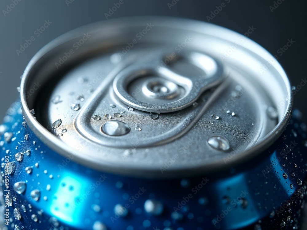 Close-up of a shiny aluminum can with condensation droplets Close-up of a shiny aluminum can with condensation droplets