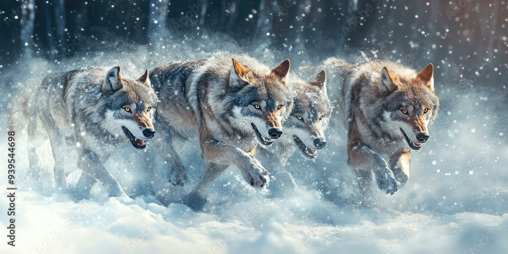 Fototapeta Four wolves running through snowy forest.