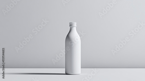 Minimalistic white bottle standing upright on a plain surface against a light gray background, ideal for product mockups, branding, and design presentations,