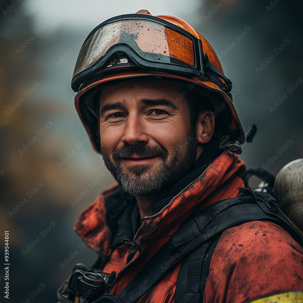 Close-up portrait of a bearded male firefighter in protective gear and helmet. Background shows fire and flying embers, capturing the intensity and danger of his profession Close-up portrait of a bearded male firefighter in protective gear and helmet. Background shows fire and flying embers, capturing the intensity and danger of his profession