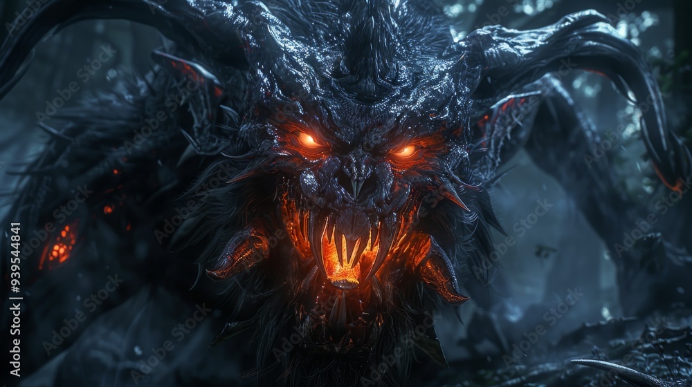 Demons Have Sharp Fierce demon with glowing red eyes and sharp fangs, in a dark forest ...