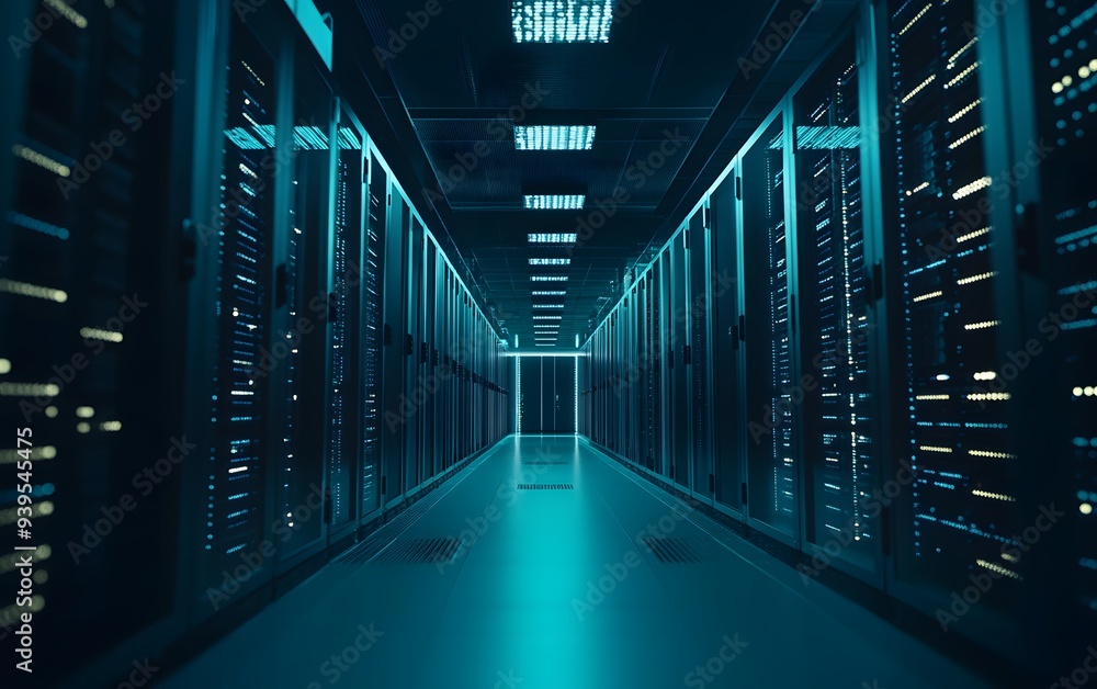 A modern data center filled with racks of servers, technology and cybersecurity concept A modern data center filled with racks of servers, technology and cybersecurity concept